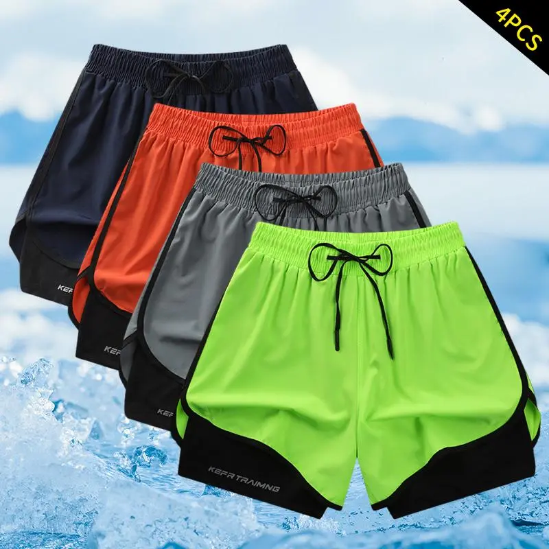 [Summer Vibes]Men’s 4-pack 3-inch solid-color 2-in-1 quick-dry sports shorts — moisture-wicking, breathable, suitable for outdoor activities, quick-drying and comfortable to wear Elastic Athletic Set