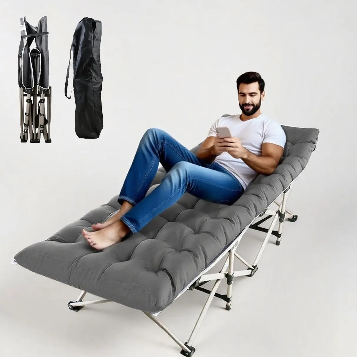 500LBS Heavy-Duty Folding Camping Bed Cot with  Mattress Portable Sturdy Comfortable for Outdoor Adventures 74''*28'' Sleeping Bed Thickened Steel Pipe Framework Anti-Slip Feet Camp Chair, Bed Frame, Camping Gear