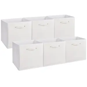 6-Pack 13 Inch Fabric Storage Bins with Faux Leather Handles, Foldable Cube Organizer Baskets for Shelves and Closet, Collapsible Storage Boxes for Clothes Toys,White