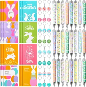 Easter 2026 Gift 72 Pcs Easter Ballpoint Pens and Keychains Pocket Notebook Gifts Bulk Easter Party Favors Bunny Pen for Students Teachers School Office Supplies
