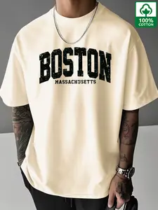 Men's Summer Cotton Heavyweight T-Shirt, Boston Massachusetts Vintage Print Short Sleeve, Loose Oversized Streetwear Style, Breathable Comfort Fit