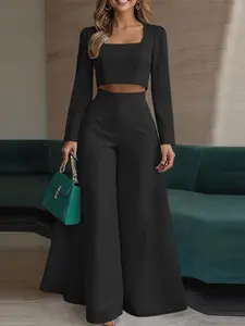 Women's Casual Solid Color Set, Square Neck Long Sleeve Crop Top Shirt with Side Zipper + Back Elastic Wide Leg Pants