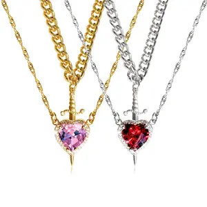 New Arrivals Knight & Princesses King & Queen Heart & Sword Love Guardian Necklace Multiple Color Copper Zirconia Arrow Core Collar Chain Best Gift for Love Firendship Co-Worker Infinity Love Romantic People Birthday Wedding Anniversary Cuban Link Chain