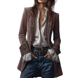 New Women's Long-Sleeved Solid Color Patchwork LaceVelvet Jacket with Embroidered Details and Ruffled SleevesStylish and Versatile Design