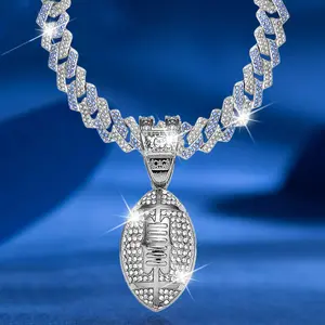 Rhombus Cuban Link Chain with Rugby Pendant Gold Silver Plated Hip Hop Rapper Pendant Chain   Rugby Pendant Wide Chain Miami Diamond Pendant Necklace Jewelry Gifts for Men Women Rugby Lovers