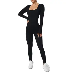 Women's Black Long Sleeve Square Neck Romper for Fitness Seamless Workout Bodycon Sport Jumpsuit with Ribbed Texture