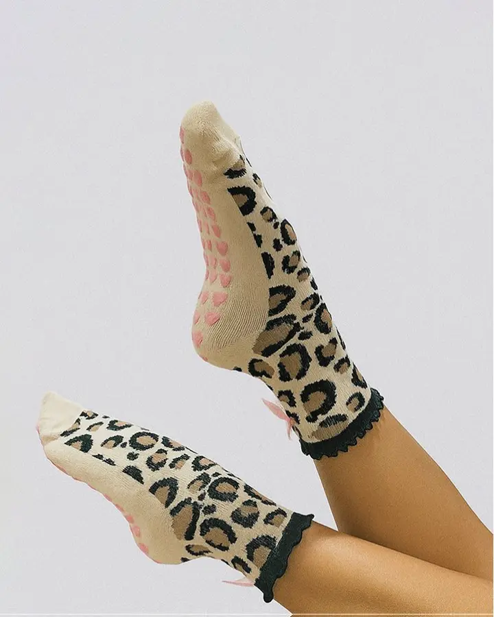 Cheetah Girl grip socks for Pilates , pink heart shaped grip, cheetah design, pink bow Womenswear sports socks