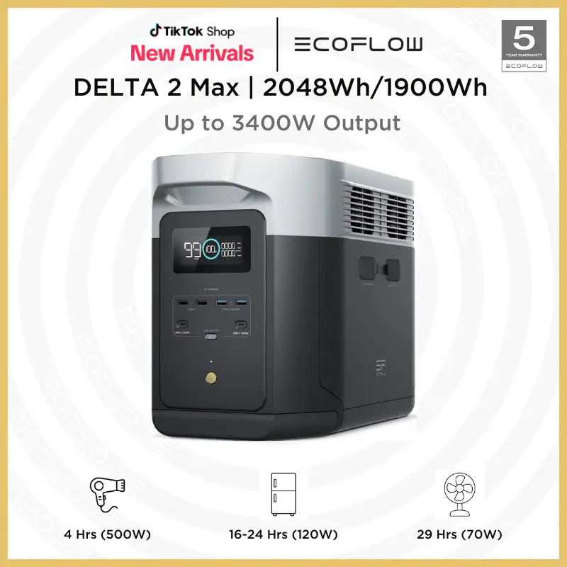DELTA 2 Max 1900 / 2048Wh, 2400W, EcoFlow Portable Power Station, LFP battery, Solar Generator, Full Charge in 1 Hr, Solar Powered Generator for Home
