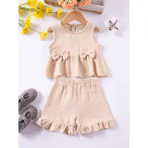 Summer New Cotton Set for Girls: Sleeveless - Top and Shorts with Bow Decoration - 2pcs Cute Kids Outfit - Perfect for Outdoor