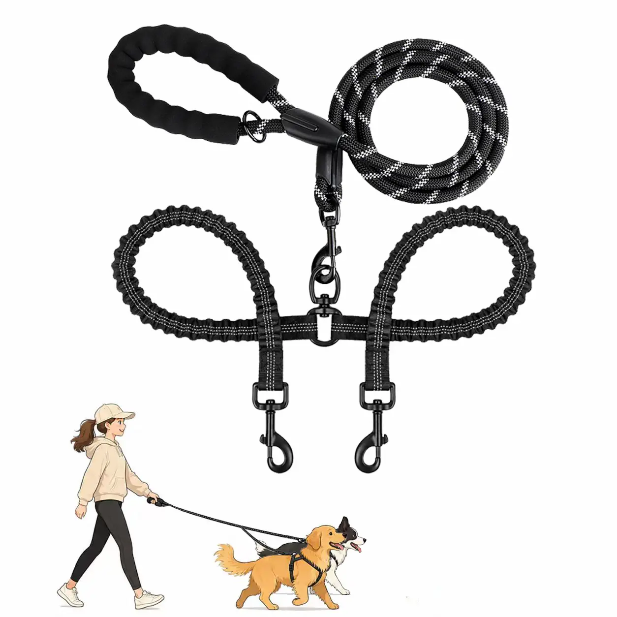 Black Reflective Elastic Retractable Dual Dog Leash, Heavy Nylon Double Head No-Tangle Walking Lead for Medium & Large Dogs, Pet Supplies