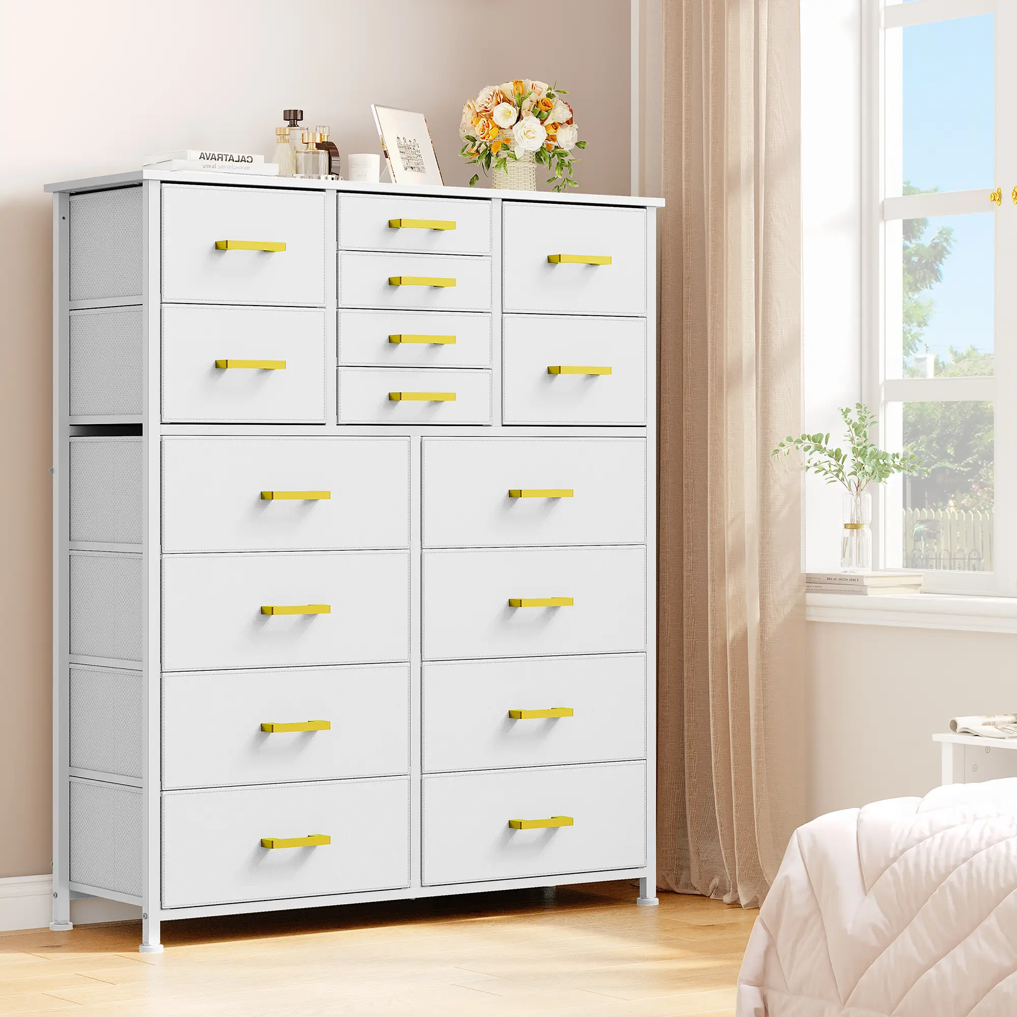 DWVO Dresser for Bedroom with 16 Drawers, Large Chest of Drawers, Tall Dressers for Bedroom with Wood Top and Metal Frame