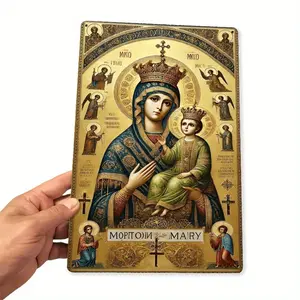 Vintage Russian Orthodox Icon Metal Sign Featuring Virgin Mary and Jesus with Golden Accents Perfect Wall Decor for Home and Office Unique Christmas Gift
