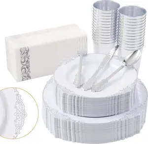 350pcs Silver, Elegant Disposable Dinnerware Set, 125 Pieces, White and Gold,, Cups, Cutlery and (Silver, 50 Guests)