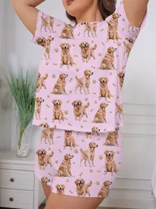 Women's Bottom Cute Dog Labrador Print Sleepwear Set, Comfortable Short Sleeve Round Neck Shirt & Loose Elastic Shorts