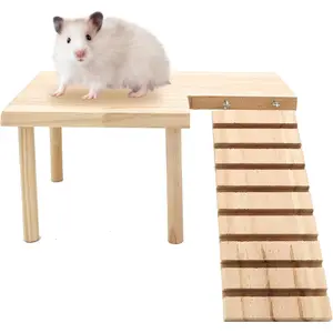 Parakeet Perches with Feeding Cup Hamster Wooden Platform with Legs Small Animal Climbing Ladder Standing Rat Guinea Perch Chew Toy Cage Accessories (Platform-Small) CAVE CAGE