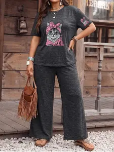 Plus Size Casual Two-Piece Set, Printed Tie-Dye Short Sleeve Round Neck T-Shirt and Wide-Leg Pants, Suitable for Daily Casual Outings.