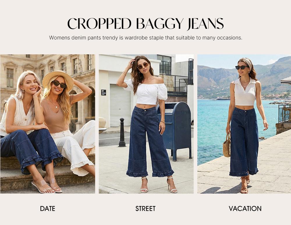 EVALESS Womens Oversize Wide Leg Jeans 2026 Trendy Cotton 100% Mid-Rise Cropped Baggy Jeans Loose Fit Cute Ruffle Hem Trouser Denim Pants 2026 Trendy Womenswear