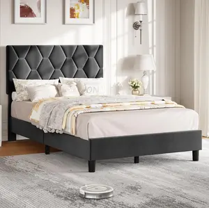 Grey Twin Bed Frame with Upholstered Headboard Heavy-Duty Platform Bed Frame with Strong Wood Slats No Box Spring Needed/Noise Free/Easy Assembly