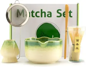 7 Pcs Matcha Set Japanese Style Green ,Premium Quality, 17oz Ceramic Bowl, With Cleaning Sponge And Stainless Steel Whisk,Stainless Sifter & Holder |  Authentic Tea Ceremony bamboo matcha whisk Matcha Tea Ceremony Kit ceremony gift