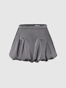 Grey Satin Bubble Mini Skirt High Waist Casual Y2K Style
