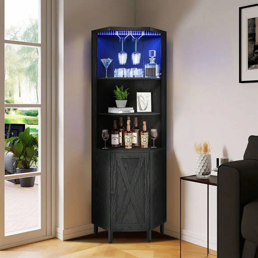 5-Tier Sturdy Metal Wine Rack with LED Lights, Glass Holder & Hassle-Free Installation, Stylish Indoor Display Shelf for Living Room, Kitchen Cupboards & Cabinets