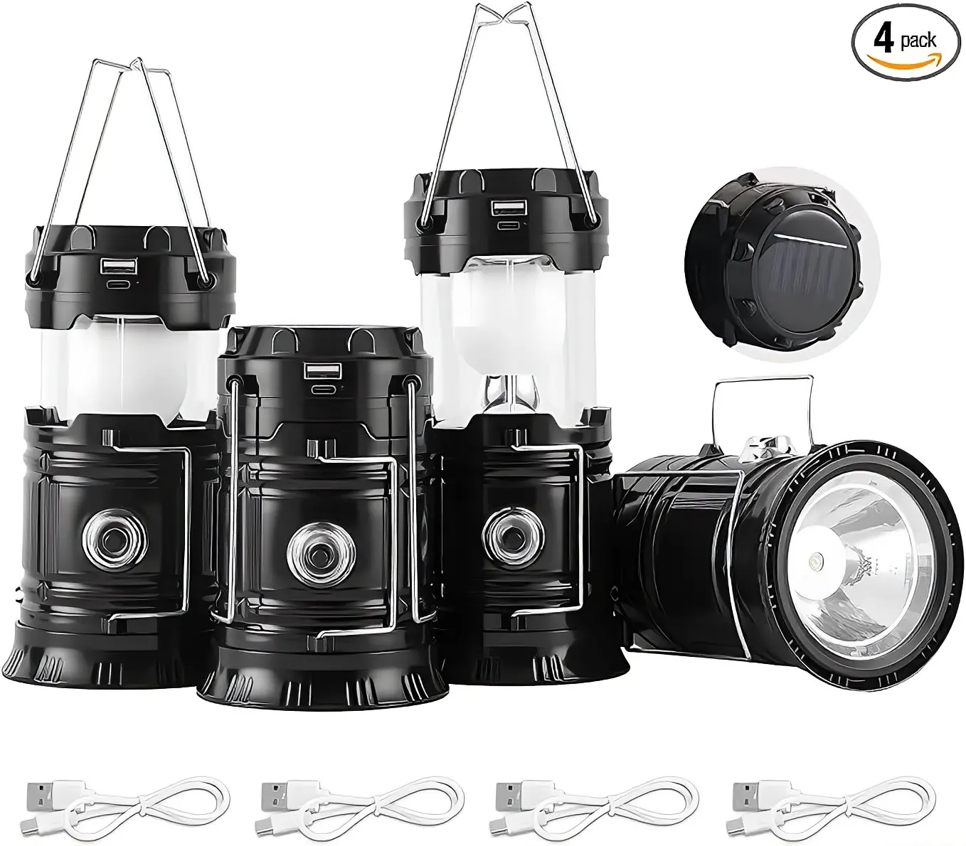 4-Pack Collapsible Portable Lightweight Waterproof LED Camping Lantern, Solar & USB Dual Rechargeable Emergency Flashlight, Survival Kit Supplies for Power Outages & Hurricane, Indoor Outdoor Multi-Purpose Use