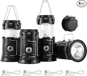 4-Pack Collapsible Portable Lightweight Waterproof LED Camping Lantern, Solar & USB Dual Rechargeable Emergency Flashlight, Survival Kit Supplies for Power Outages & Hurricane, Indoor Outdoor Multi-Purpose Use