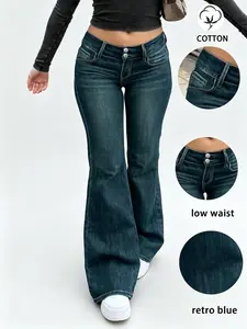 Women's Vintage Wash Denim Jeans - Low-Mid Rise Stretch Bottoms with Pockets, Lightweight Everyday Style Casual Flare/Straight/Bootcut Womenswear Pants