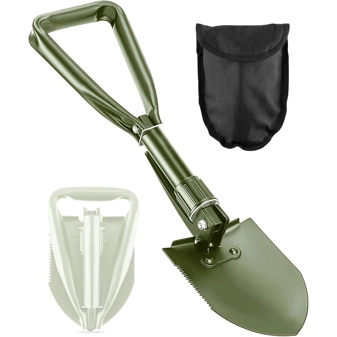 Military Folding Shovel, 18.5 Inch Heat-Treated High Carbon Steel Entrenching Tool with Serrated Cutting Edge and Triangular Handle, Portable for Camping and Hiking, Includes Nylon Bag, Metal, 18.5 Inches
