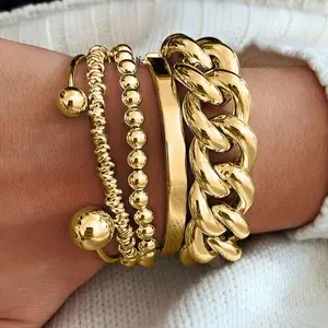 5PCS Chunky Gold Bangle Bracelets for Women Stackable Beaded Bangle | Women's Adjustable Bangle Set Stylish Trendy Fashionable Jewelry for Spring Summer Autumn and Winter Perfect Gifts for Valentine's Day New Year Christmas