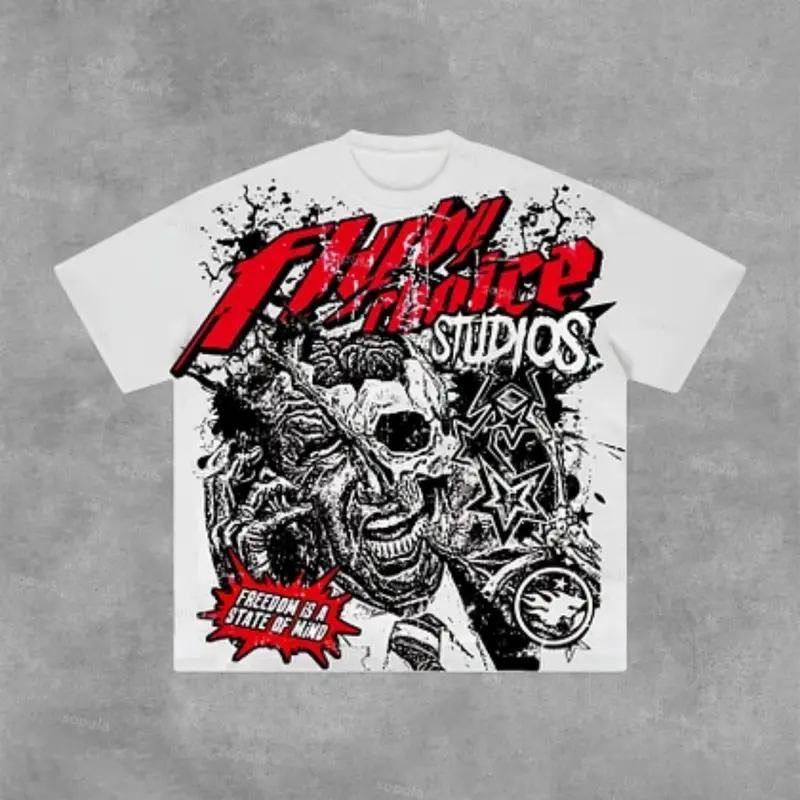 FEEGO Fly By Choice Freedom Is A State Of Mind Skull Graphic Cotton T-Shirt Menswear Top Breathable Cropped shirts  men