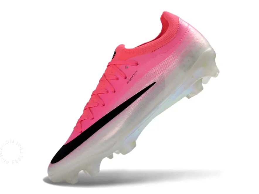 Iridescent Transparent Long Stud Anti-Slip Outsole Pink White Gradient Stretch Knit Fabric Black Accent Low Cut Pro Soccer Cleats, Slim Fit Breathable Speed Wear Resistant Training Boots For Men Women Teenagers Natural Grass League Match Footwear