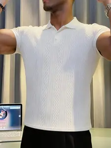 Men’s polo shirt, casual American short-sleeve T-shirt with jacquard texture, solid color, turn-down collar; comfortable for summer everyday wear; high-end business formal menswear top