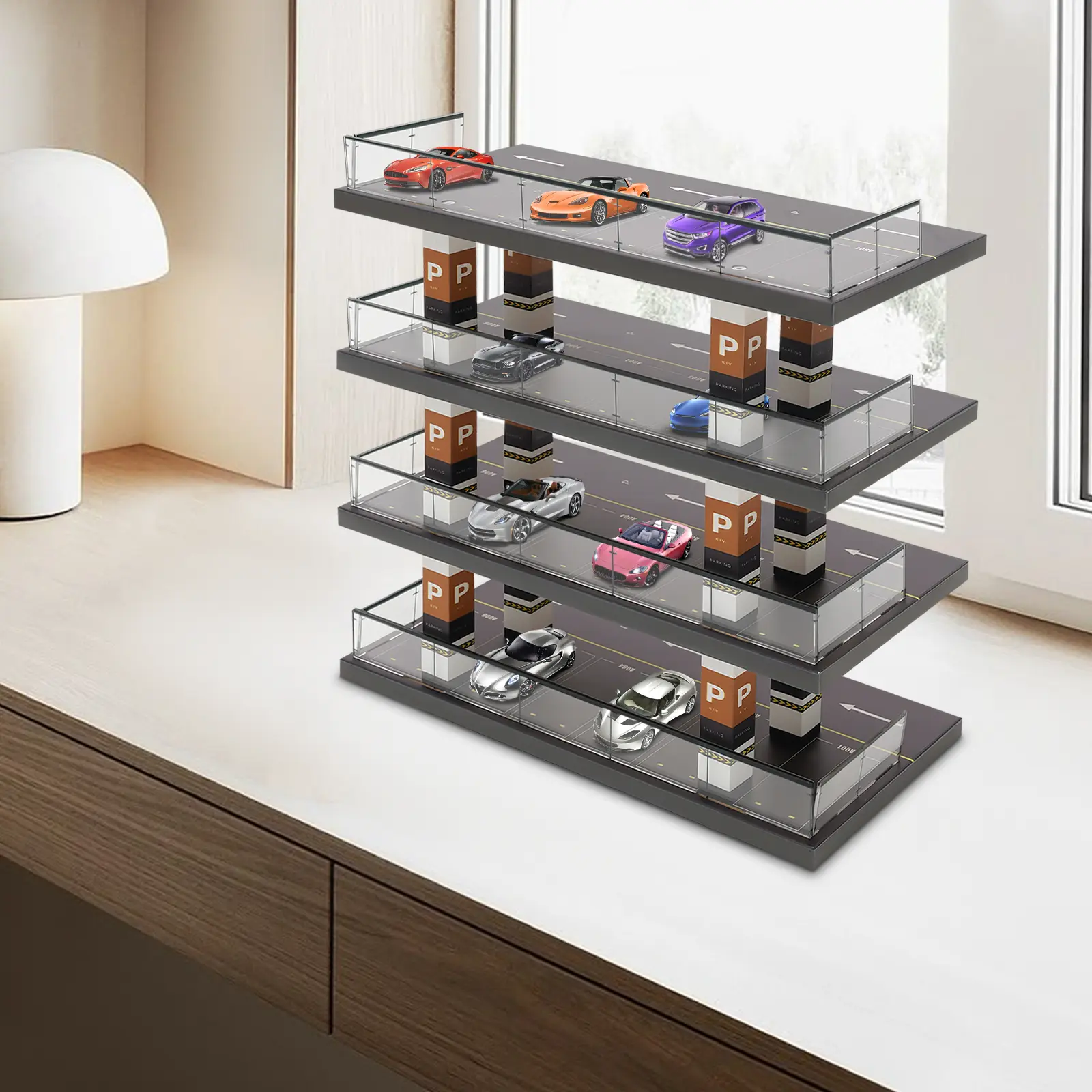 4-Tier Rectangular Diorama Parking Display Case for Collectors - 33x16x32cm Acrylic+Wood Stand with Black Plastic Countertop Mount, Home Organizer Storage Rack for 1:64 Scale Model Cars, Easy Installation & Decoration Use