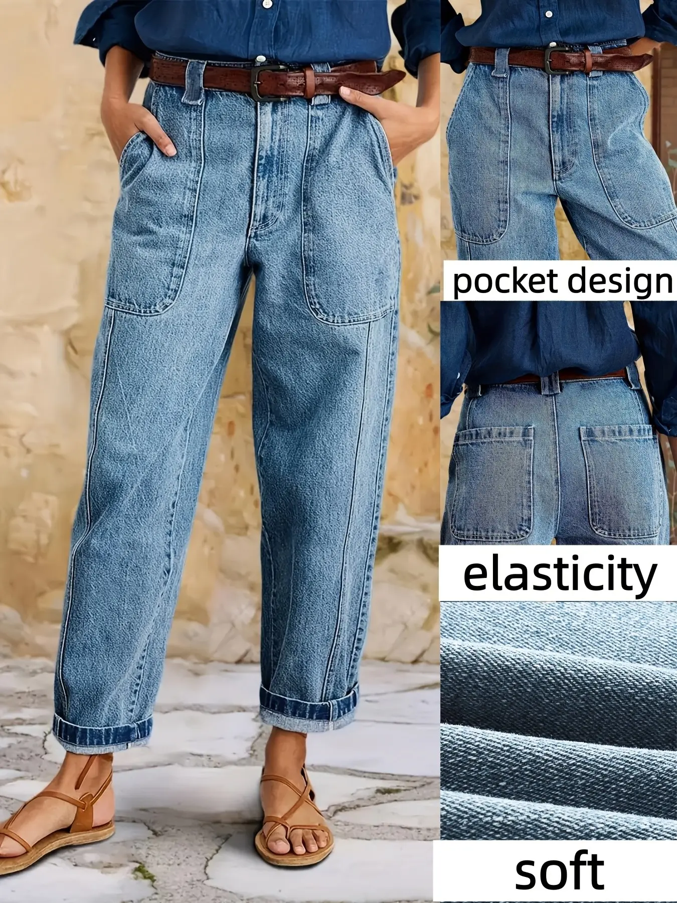 26AW stretch standard size women's straight leg casual Pocket denim jeans, simple and versatile without waist belt