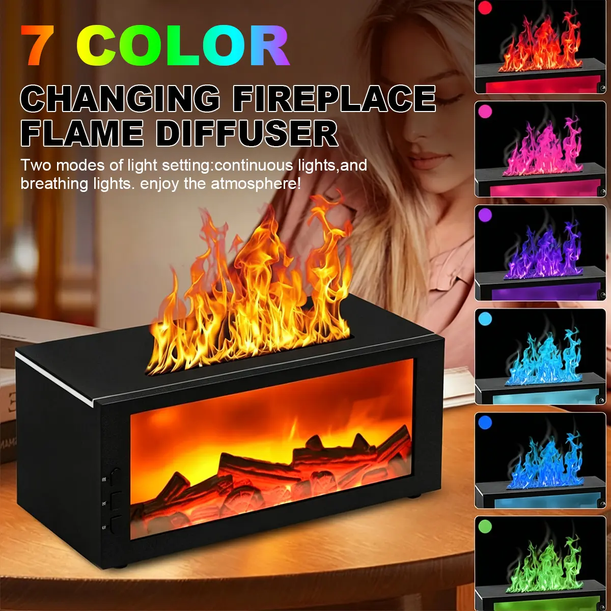 7 Color Changing Fireplace Flame Diffuser with Continuous and Breathing Light Modes