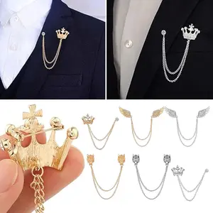 Set of 6 Men'S Tassel Chain Brooch Collar Pins Set,Golden Silveryy Wedding Brooches Collar Pins,Wings Wolf Head Crown Lapel Suit Shirt Tuxedo Accessories,for Wedding Anniversary Halloween Birthday Party Office
