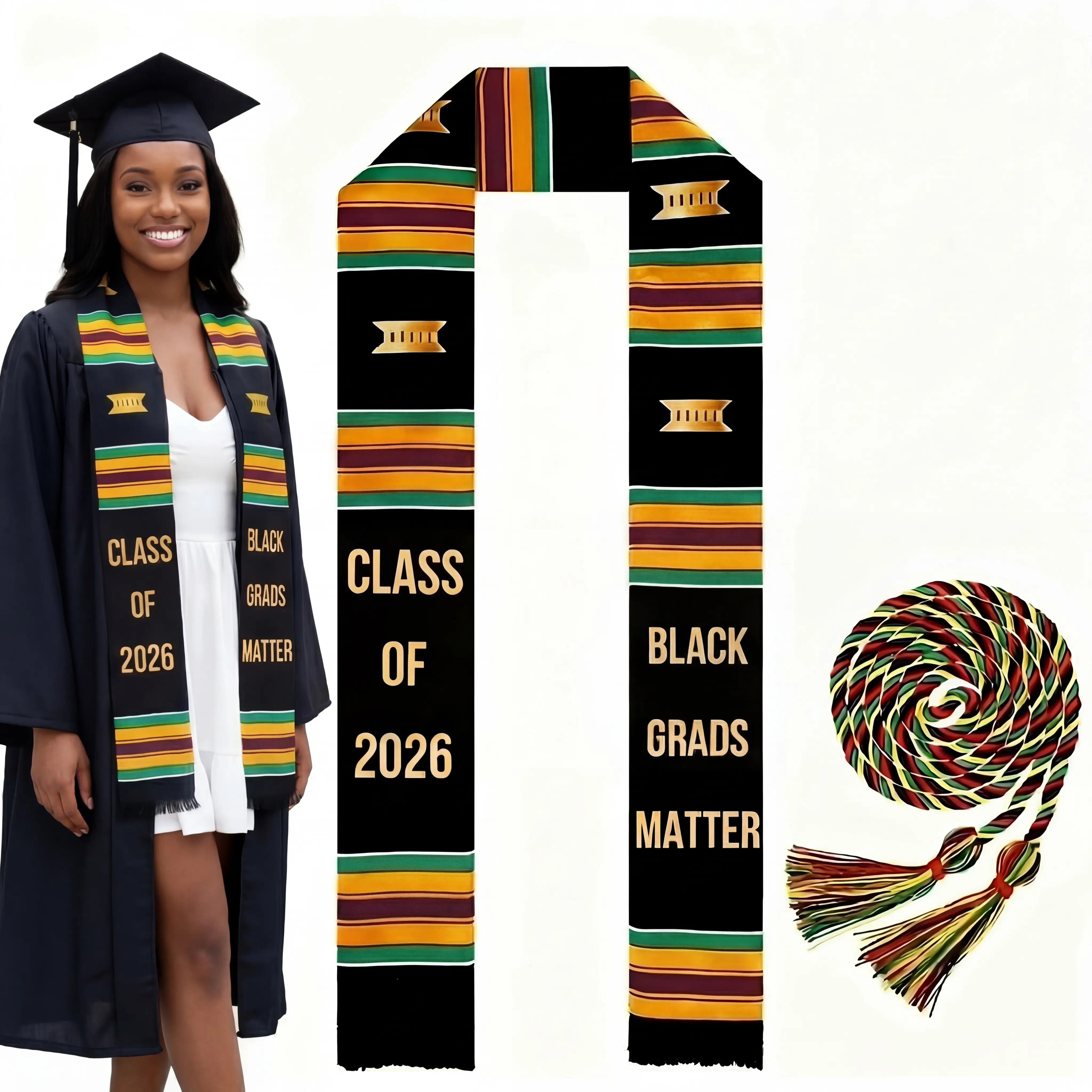 Pcs Graduation Stole Set Black African Honor Cord & Sash for Adults Unisex College Graduation Ceremony