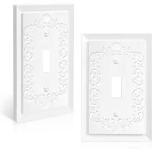 2 Pack Light Switch Cover Plate, Toggle Modern Decorative Outlet Covers Wall Plates, Petal Relief Design Classic Style Pure White (Mid-Size Single Toggle)