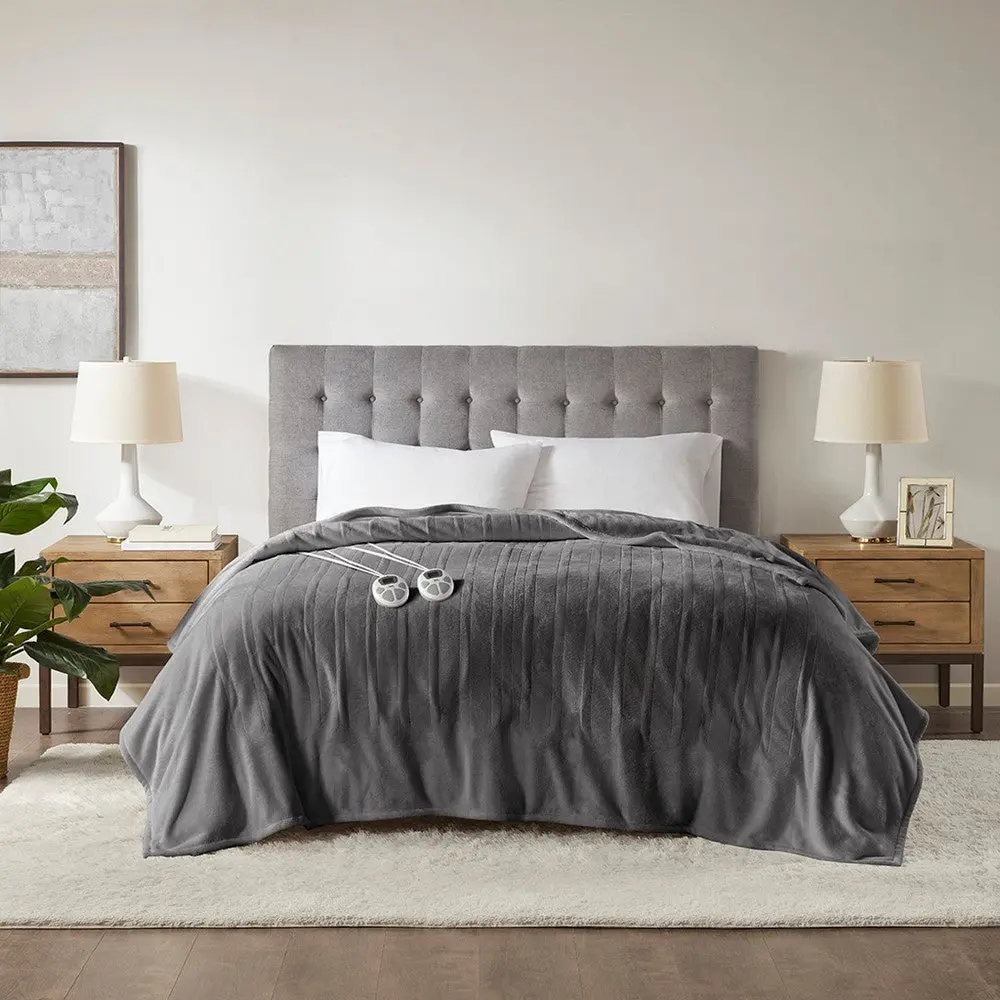 Queen Size Heated Blanket w 2 Controllers, Dark Gray Polyester