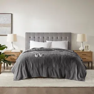 Queen Size Heated Blanket w 2 Controllers, Dark Gray Polyester