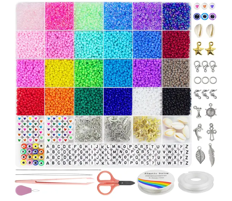 8000pcs 3mm Glass Seed Beads for Bracelet Making Kit - Small Craft Beads & Letter Beads for Friendship Jewelry Making, Complete DIY Art & Crafts Kit for Girls, Includes Elastic String & Accessories