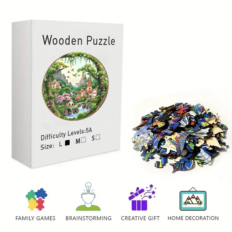 Enchanted Fairy Village Wooden Jigsaw Puzzle for Adults & Kids - Challenging Irregular Pieces, Whimsical Forest Town & Waterfall Art Puzzle, Stress Relief Brain Teaser, Framable Wall Art & Home Decor