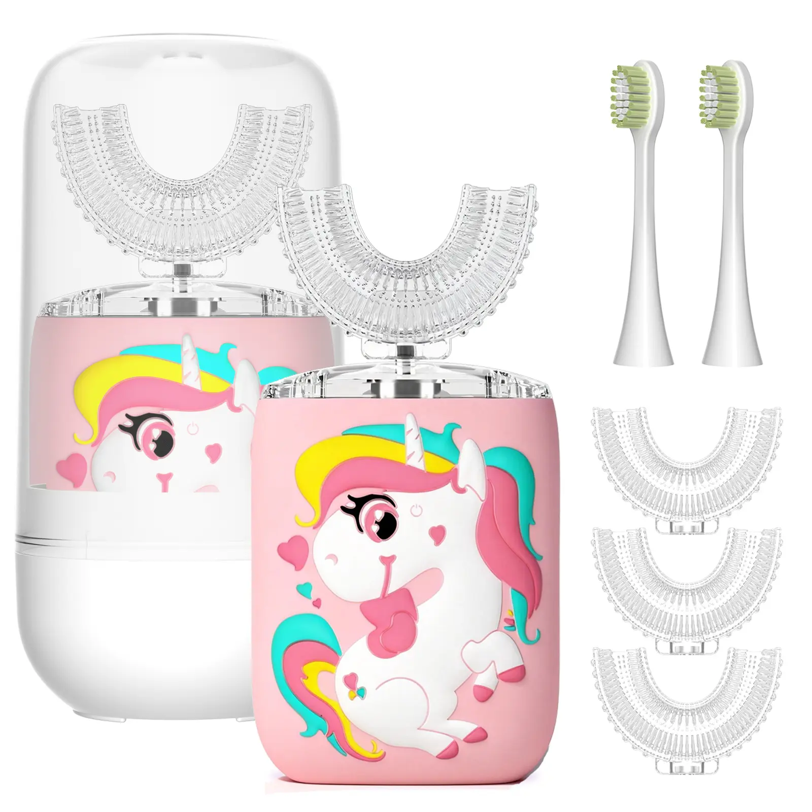 Kids' Pink U-Shaped Rechargeable Electric Toothbrush & Portable Teeth Cleaner Kit, 6 Soft Heads, Watermelon Toothpaste, Unicorn Design, IPX7 Waterproof, for Ages 8-15 Daily Oral Care