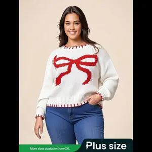 [Plus Size]Bow Print Drop Shoulder Sweater, Casual Long Sleeve Round Neck Jumper for Fall & Winter, Women's Plus Clothing for Daily Wear