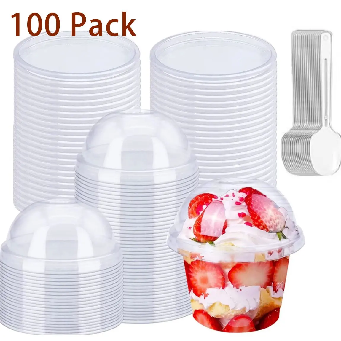 100 Pack 5.5oz (150ml) Clear PET Plastic Dessert Cups with Tall Dome Lids, Party Cups, Reusable Disposable Snack Bowls Perfect for Ice Cream, Yogurt, Parfait, Pudding, Jello Shots, Ideal for Christmas, Halloween, Weddings, Parties