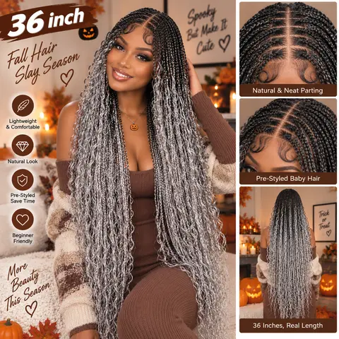 36" #OT1B/Gray Knotless Bohemian Box Braid Wig – Lightweight Synthetic Hair for Protective Styles, Natural Look & Comfort #SohoChic #TikTokShopStockUp #DealsForYouDays Grey Wig Lace Wig