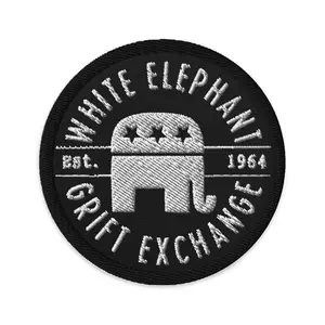 White Elephant Grift Exchange Embroidered Patch 3 Inch Diameter Iron On Sew On Safety Pin Attachment Options Durable Twill Fabric