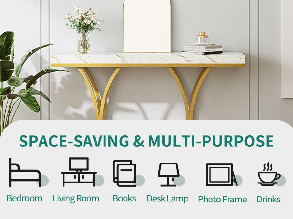 DWVO Gold Console Table with LED Lights, White and Gold Entryway Table, Modern Narrow Sofa Side Foyer Accent Table with Faux Marble Top Luxury for Hallway, Living Room