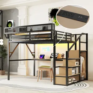 [Bellemave]Full/Queen Loft Bed with Desk and Charging Station, Queen Size Metal Loft Bed with Stairs and Light for Kids Teens, Black, Patent Products